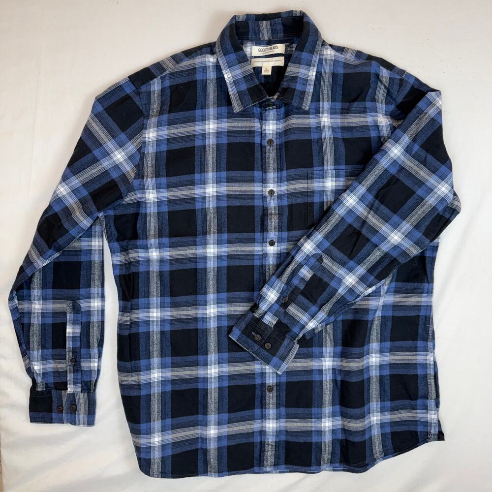 Goodthreads Brushed Flannel Plaid Button Up Shirt Blue Black Men’s XL